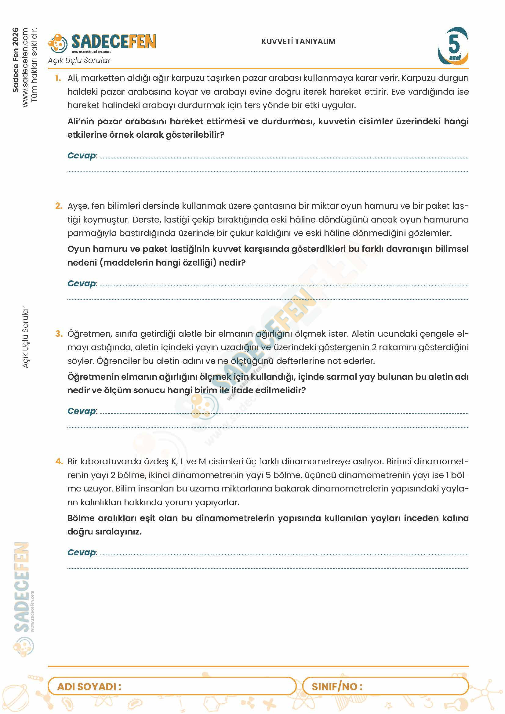 5. Sınıf Kuvveti Tanıyalım (2. Ünite) – Açık Uçlu Sorular - Görsel 1