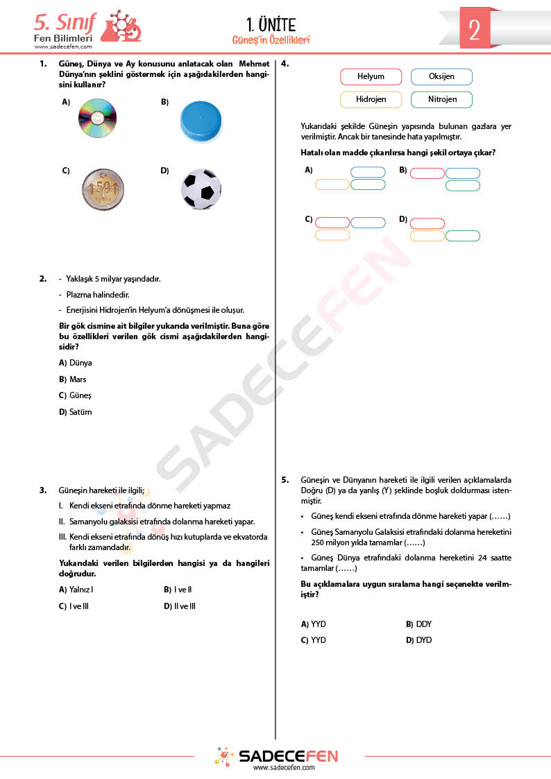 5. Sınıf – Güneş’in Yapısı ve Özellikleri – Test 2 - Görsel 3