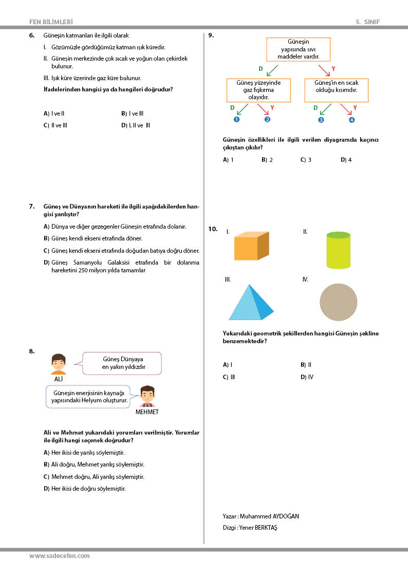 5. Sınıf – Güneş’in Yapısı ve Özellikleri – Test 2 - Görsel 2