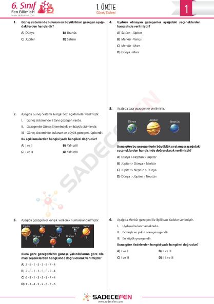 6. Sınıf 1. Ünite (Güneş Sistemi ve Tutulmalar) Test 1