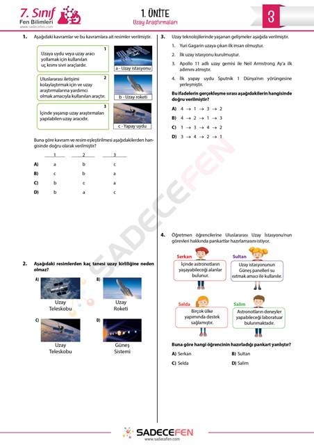 7 Sinif 1 Unite Uzay Arastirmalari Test 3 Fen Bilimleri Dersi Platformu Sadece Fen