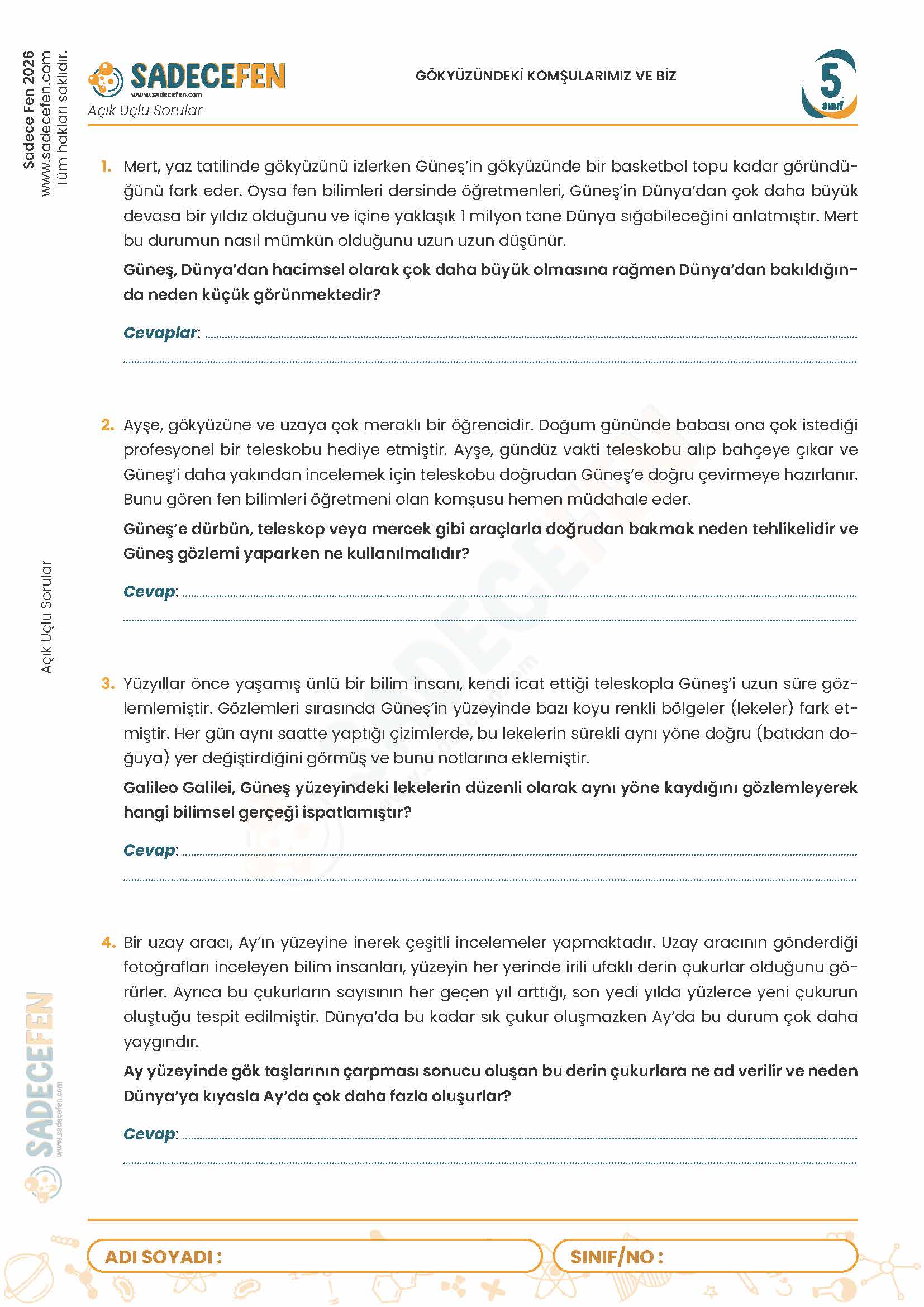 5. Sınıf Gök Yüzündeki Komşularımız ve Biz (1. Ünite) – Açık Uçlu Sorular - Görsel 1