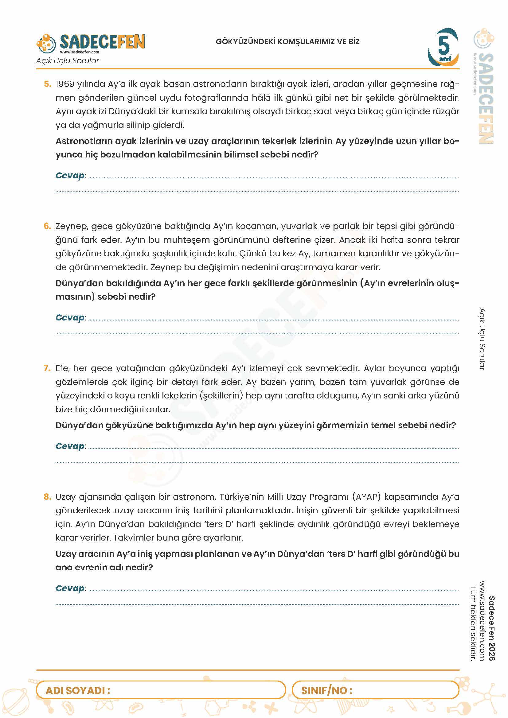5. Sınıf Gök Yüzündeki Komşularımız ve Biz (1. Ünite) – Açık Uçlu Sorular - Görsel 2