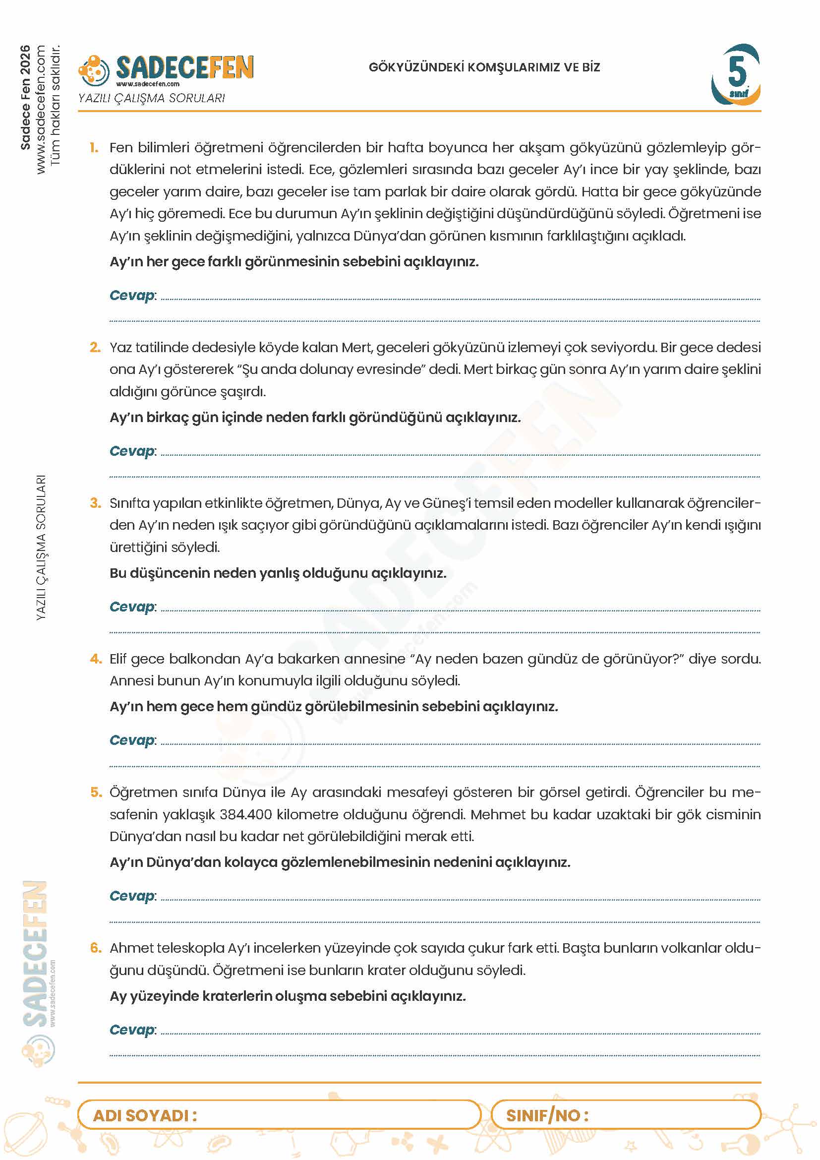5. Sınıf Gök Yüzündeki Komşularımız ve Biz (1. Ünite) Yazılı Çalışma Kağıdı - Görsel 1