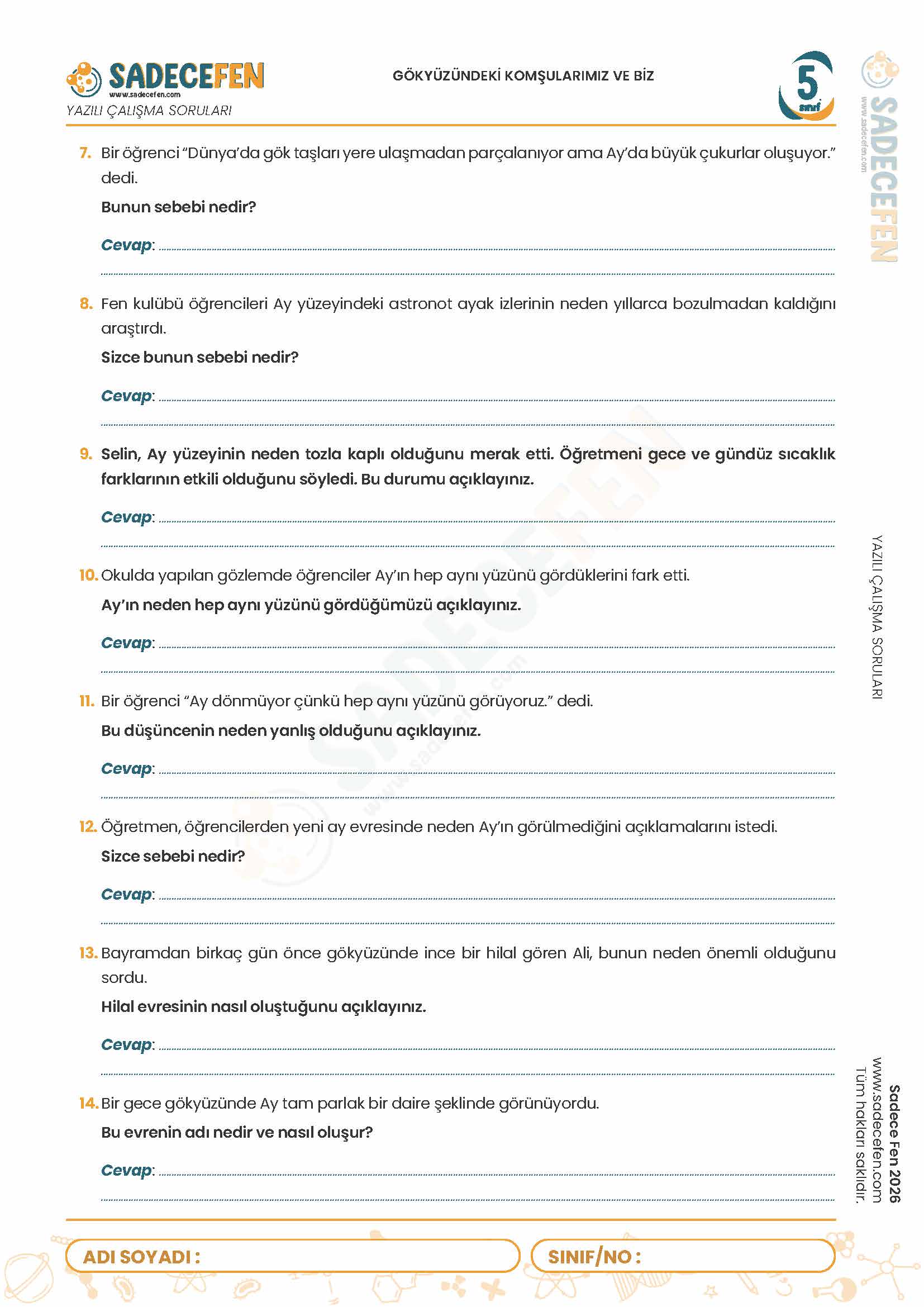 5. Sınıf Gök Yüzündeki Komşularımız ve Biz (1. Ünite) Yazılı Çalışma Kağıdı - Görsel 2