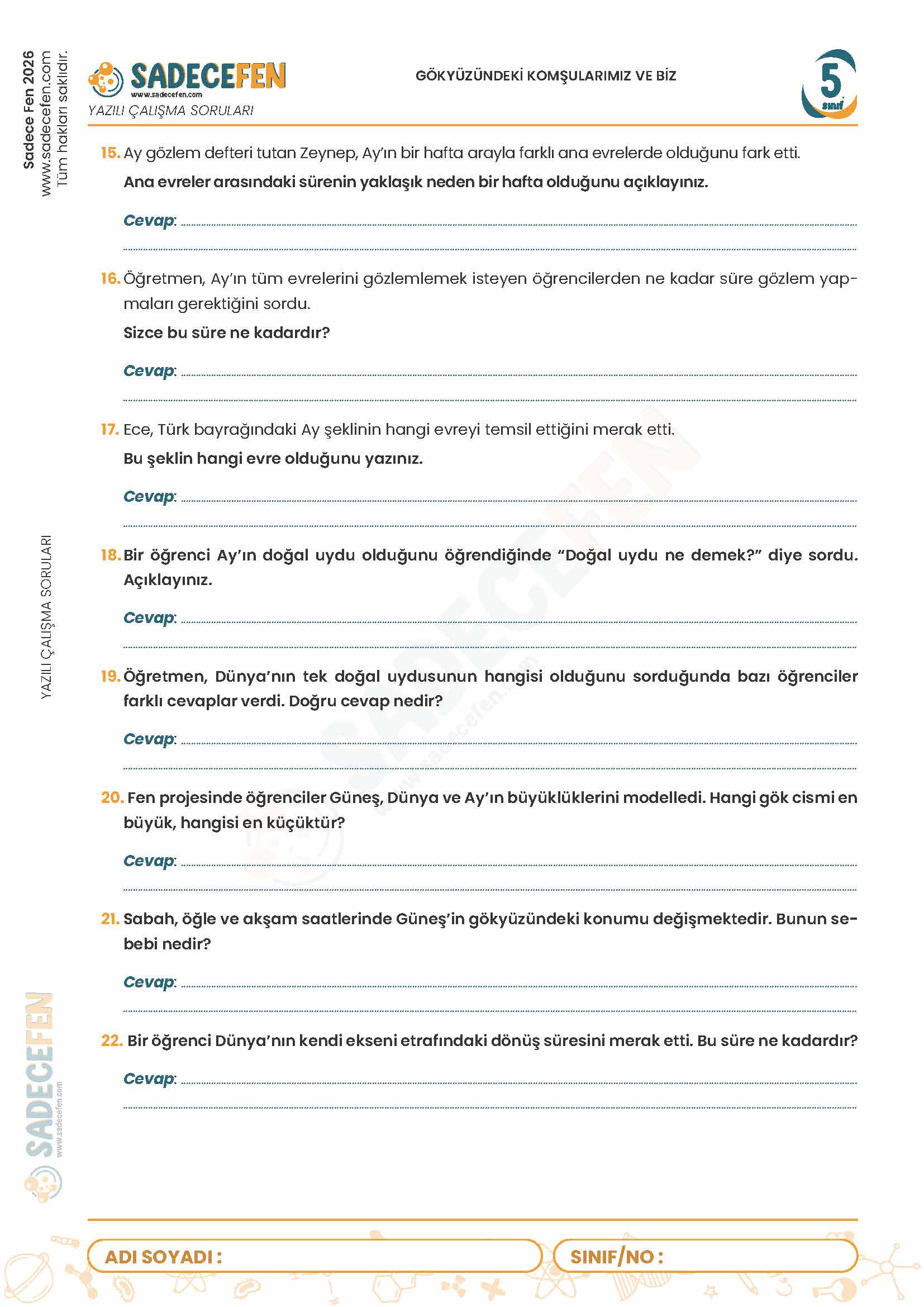 5. Sınıf Gök Yüzündeki Komşularımız ve Biz (1. Ünite) Yazılı Çalışma Kağıdı - Görsel 3