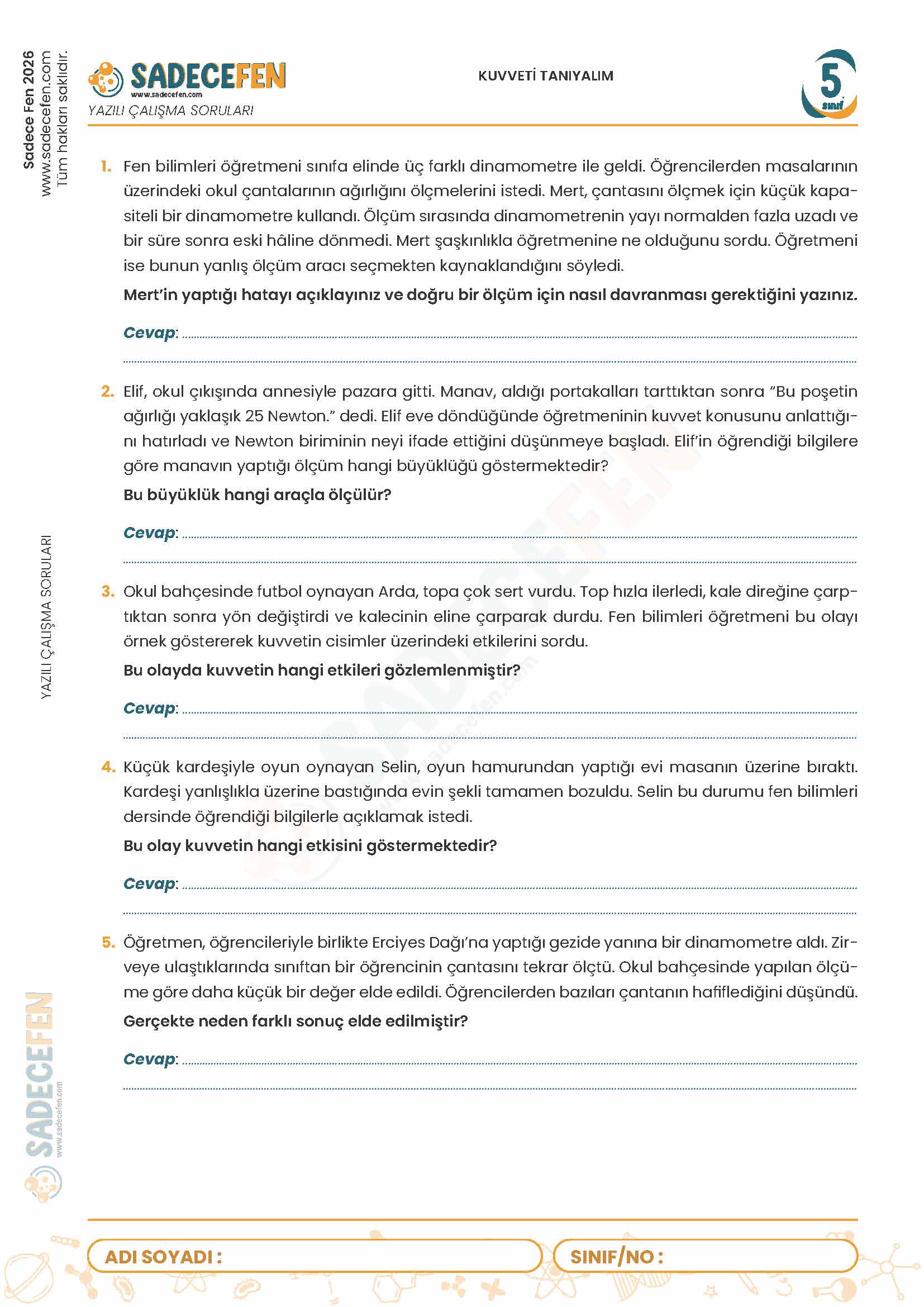 5. Sınıf Kuvveti Tanıyalım (2. Ünite) Yazılı Çalışma Kağıdı - Görsel 1