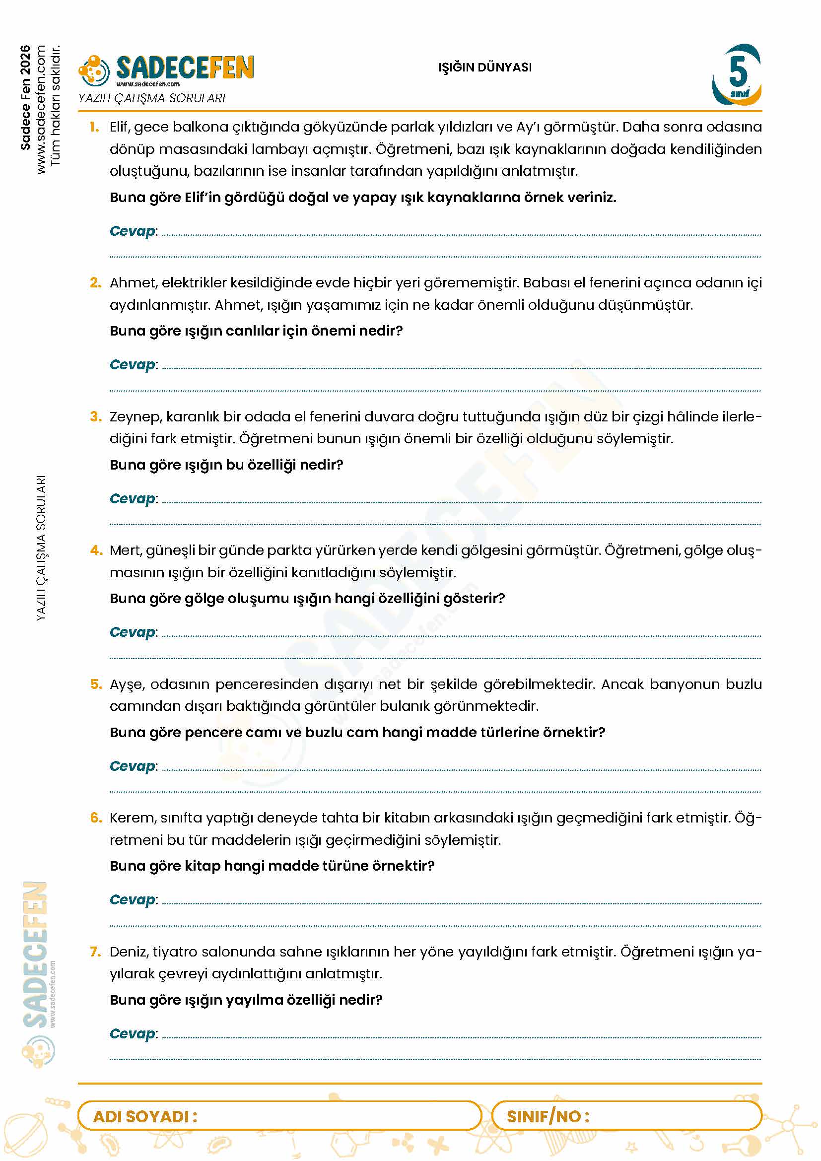 5. Sınıf Işığın Dünyası (4. Ünite) Yazılı Çalışma Kağıdı - Görsel 1