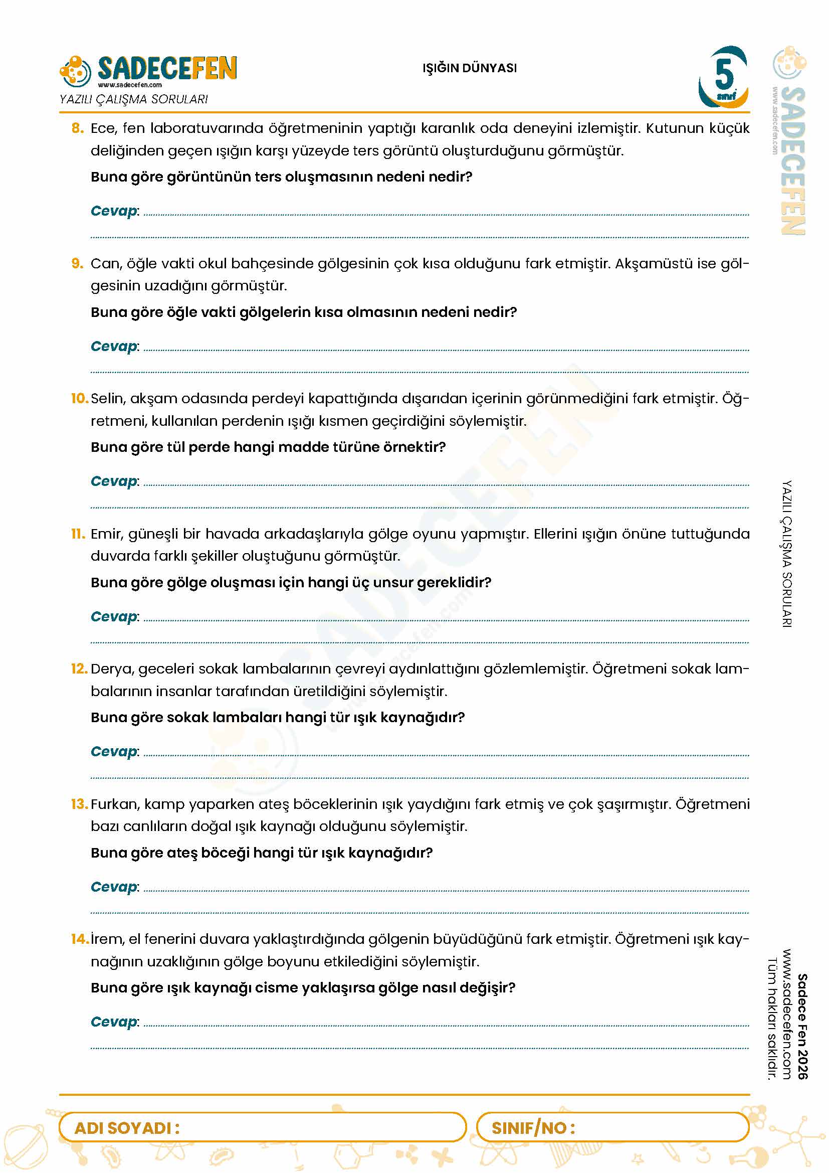 5. Sınıf Işığın Dünyası (4. Ünite) Yazılı Çalışma Kağıdı - Görsel 2