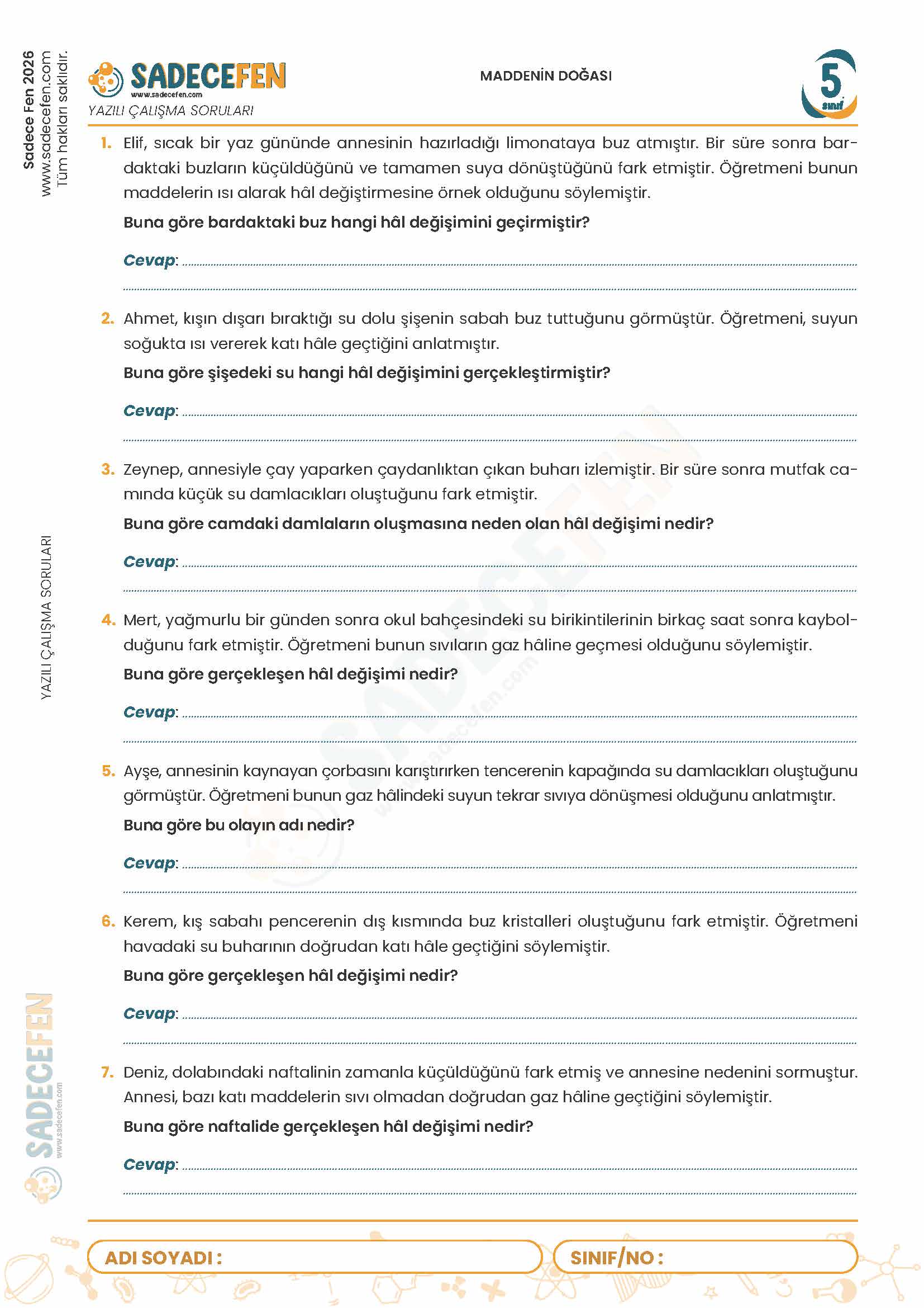 5. Sınıf Maddenin Doğası (5. Ünite) Yazılı Çalışma Kağıdı - Görsel 1