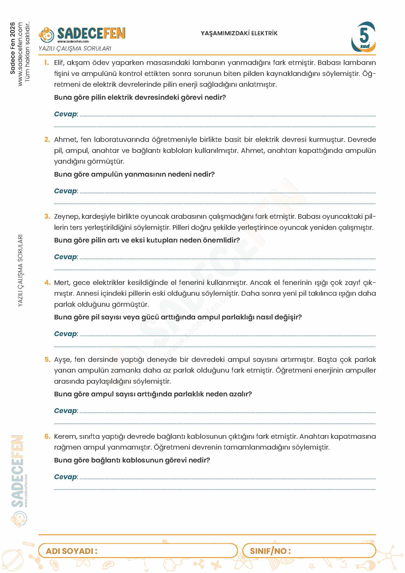 5. Sınıf Yaşamımızdaki Elektrik (6. Ünite) Yazılı Çalışma Kağıdı - Görsel 1