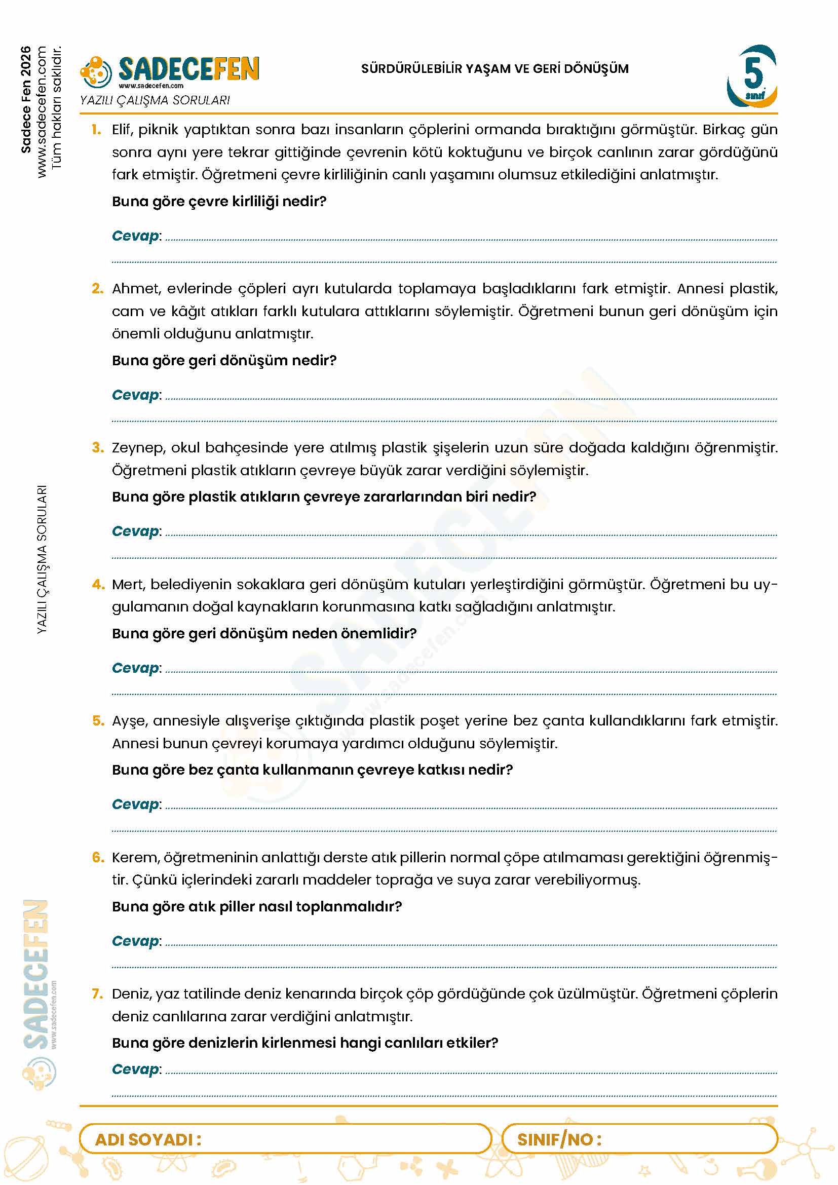 5. Sınıf Sürdürülebilir Yaşam ve Geri Dönüşüm (7. Ünite) Yazılı Çalışma Kağıdı - Görsel 1