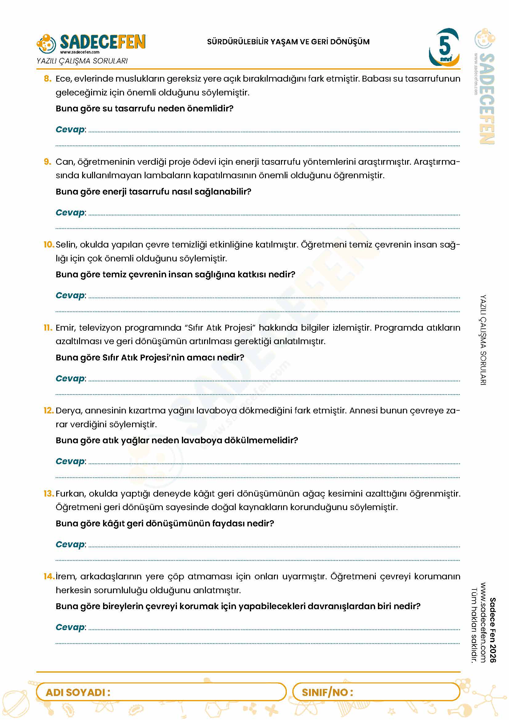 5. Sınıf Sürdürülebilir Yaşam ve Geri Dönüşüm (7. Ünite) Yazılı Çalışma Kağıdı - Görsel 2